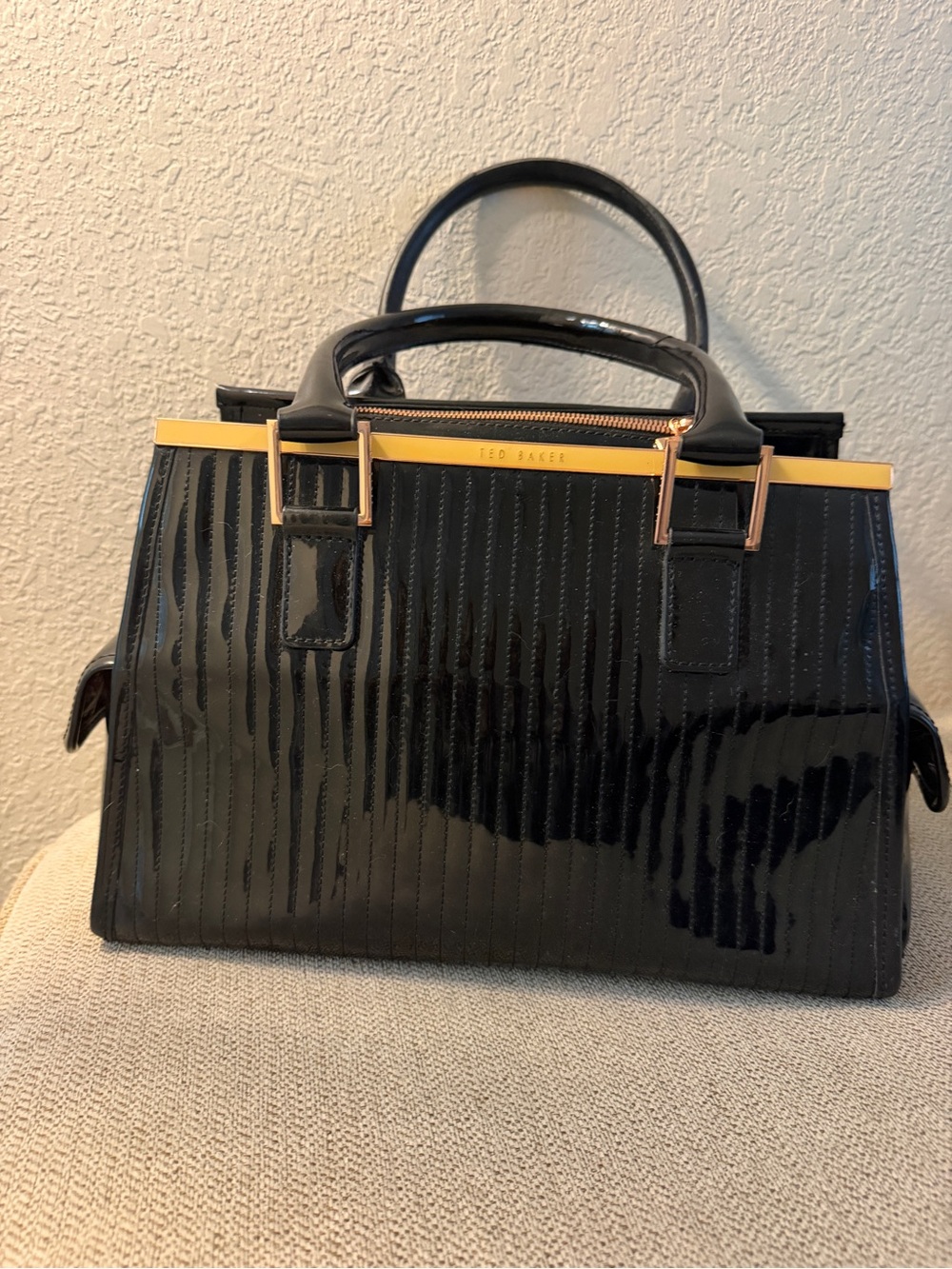 Ted Baker Black Patent Satchel with Gold Trim